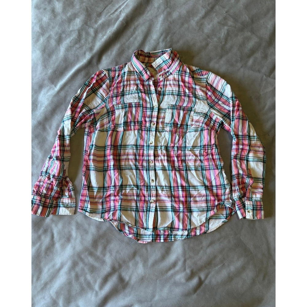 Sonoma Life Style Womens Petite Medium Pink Green Plaid Flannel Button Down